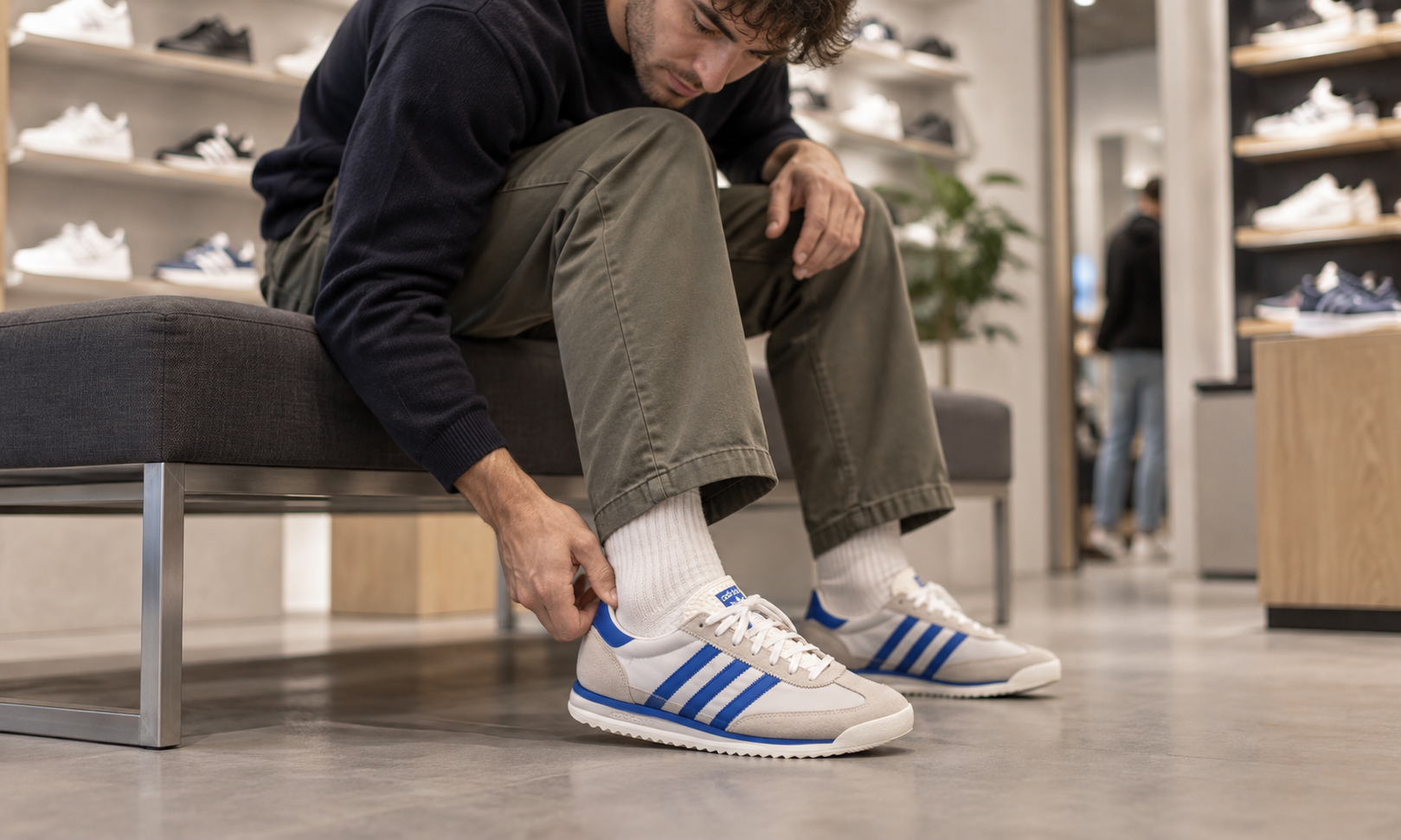 Чоловік приміряє кросівки Adidas і перевіряє посадку